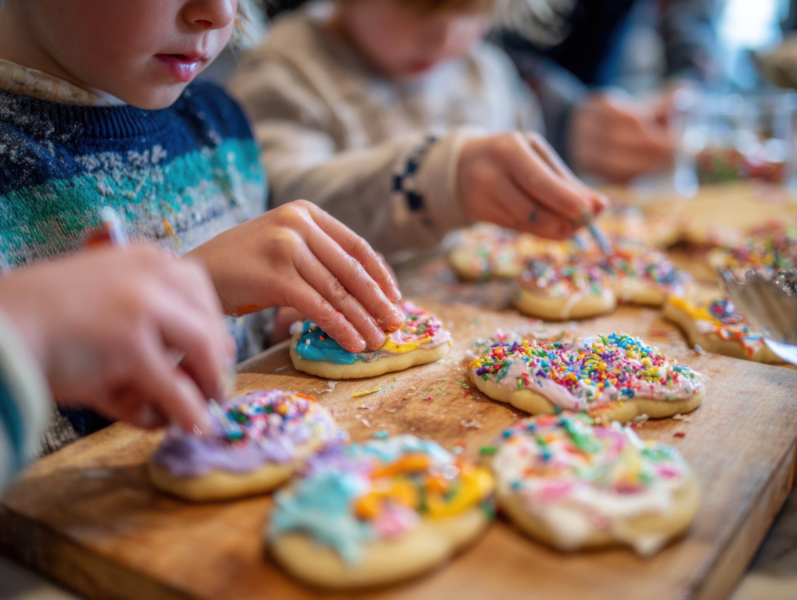 A joyful and candid image of children decorating holiday cookies. This heartwarming photo is perfect for family blogs, articles about holiday traditions, and brands that want to evoke feelings of fun, creativity, and togetherness.