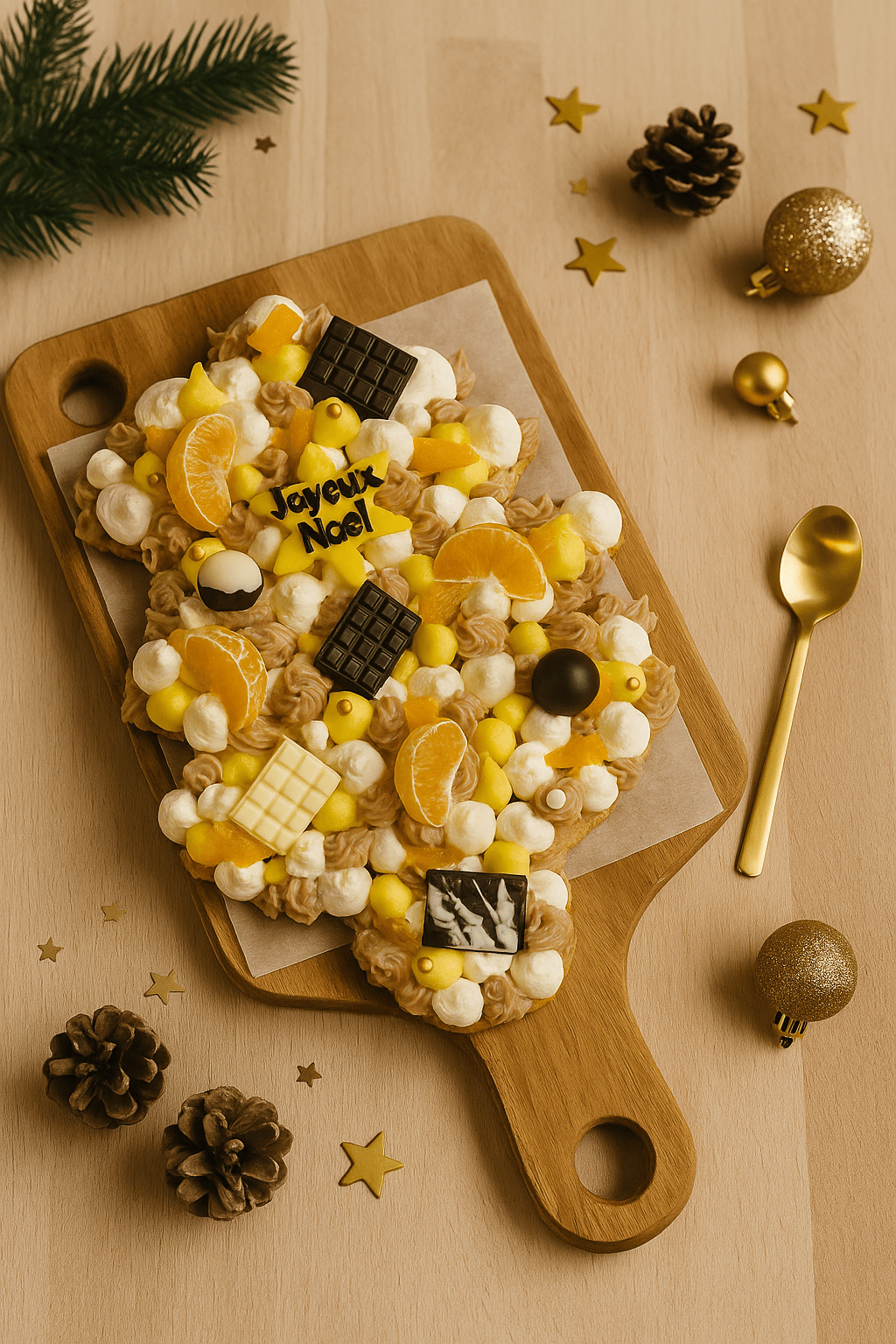 Dessert de Noël et décorations dorées